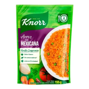 Bolsa de Arroz Knorr A La Mexicana de 155 gramos con diseño tricolor, lista para preparar.