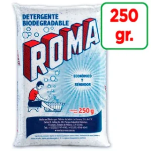 Jabón en Polvo Roma 250 g, detergente biodegradable para ropa limpia y fresca.