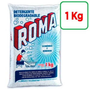Jabón en Polvo Roma 1 kg, detergente biodegradable para ropa limpia, fresca y libre de manchas.