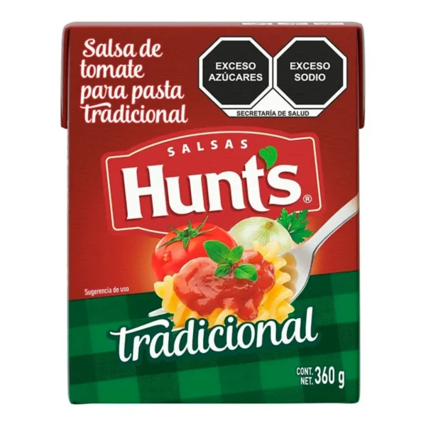 Salsa de Tomate para Pasta Hunt’s 360 g en frasco, ideal para preparar platillos italianos caseros.
