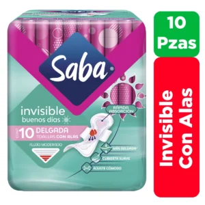 Toallas Sanitarias Saba Buenas Noches con alas extra largas, paquete de 8 piezas para máxima protección nocturna.