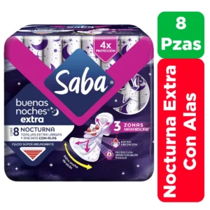 Toalla Sanitaria Saba Buenas Noches Con Alas Extra Largas y Anchas 8 piezas